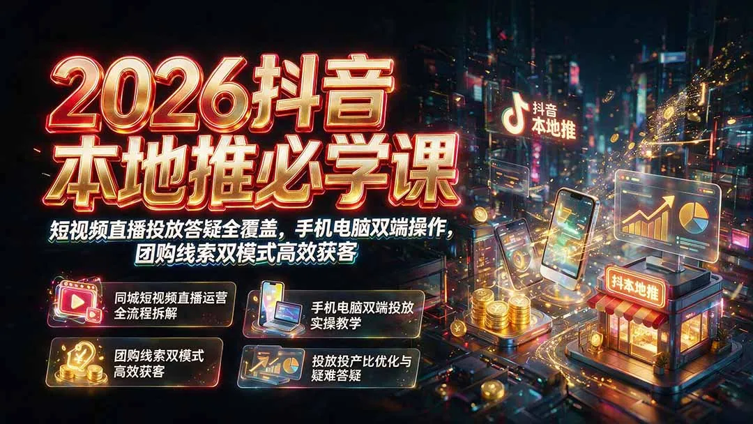 2026抖音本地推广核心课程｜全解析短视频&直播投放技巧，手机电脑操作指南，双模式团购线索高效引流_趣客盟