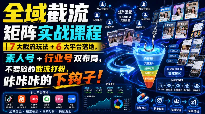 全域截流矩阵实战课：7大截流技巧+6大平台应用，素人号&行业号双管齐下，高效吸粉策略，精准下钩！_趣客盟