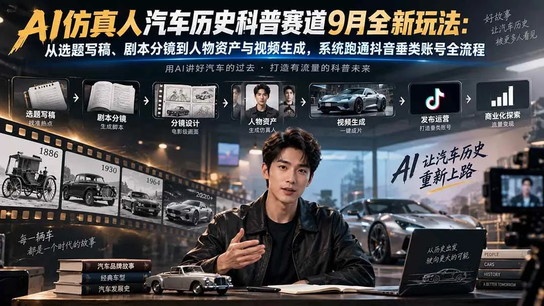 【2024年9月】AI仿真人汽车历史科普赛道全新玩法揭秘:选题写稿、剧本分镜至视频生成,抖音垂类账号全流程攻略 - 趣客盟
