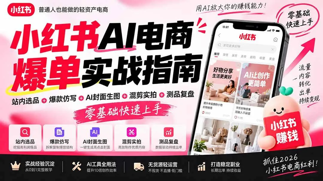 【2026年AI电商爆单秘籍】小红书AI选品+爆款文案+AI封面设计+混剪实拍+测品复盘指南，零基础快速掌握！ - 趣客盟