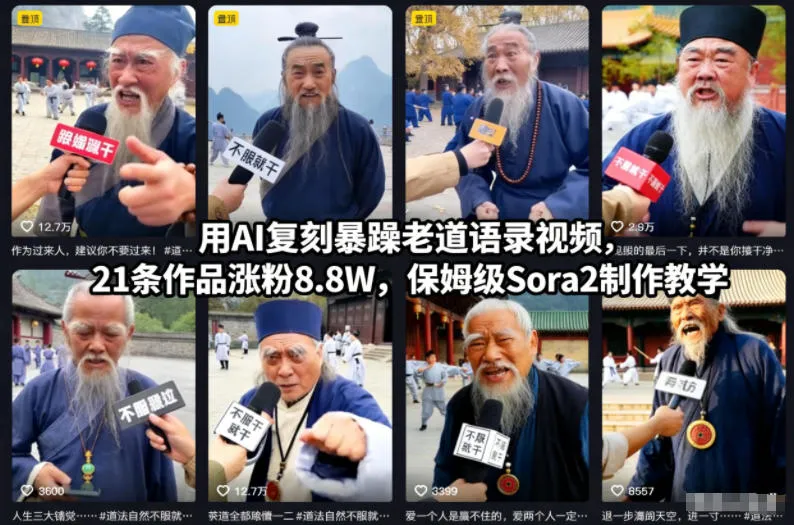 用AI复刻暴躁老道语录视频，21条作品涨粉8.8W，保姆级Sora2制作教学-趣酷猫资源网