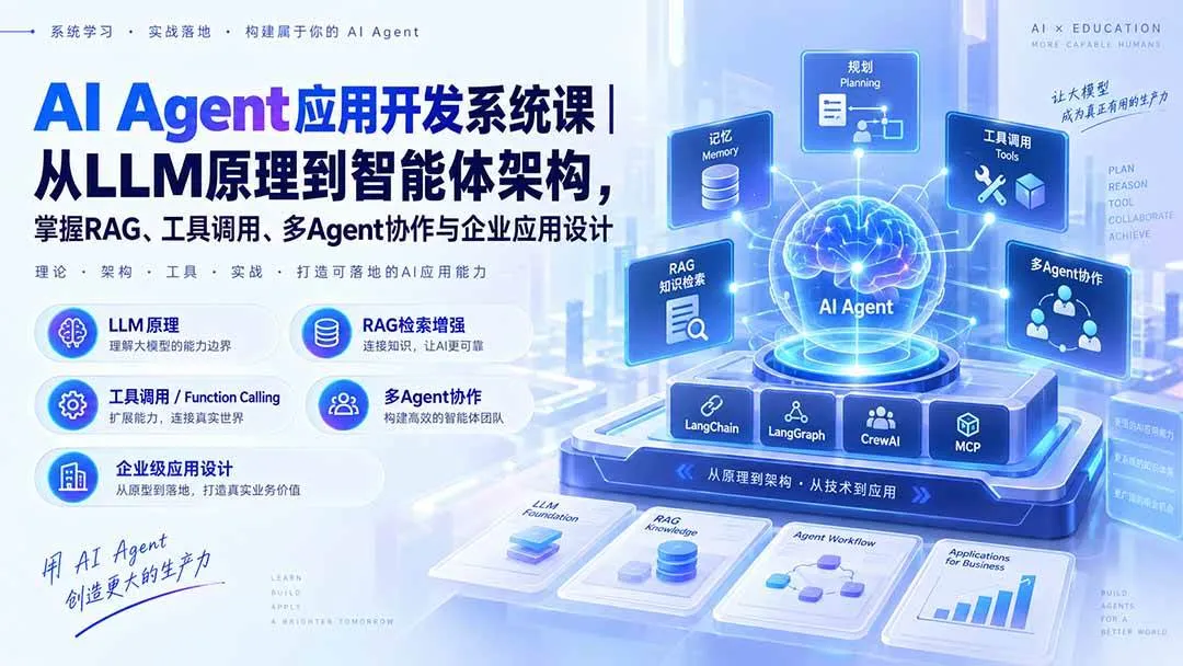 (20564期)AI Agent应用开发系统课-179节|从LLM原理到智能体架构,掌握RAG、工具调用、多Agent协作与企业应用设计 (20564期)AI Agent应用开发系统课-179节|从LLM原理到智能体架构,掌握RAG、工具调用、多Agent协作与企业应用设计
