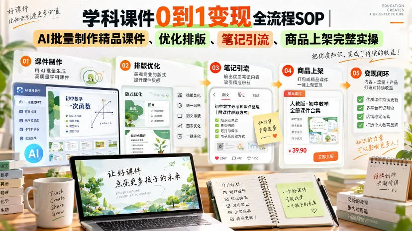 学科课件变现全攻略：AI智能制作+排版优化+笔记引流+商品上架SOP实操教程 - 趣客盟
