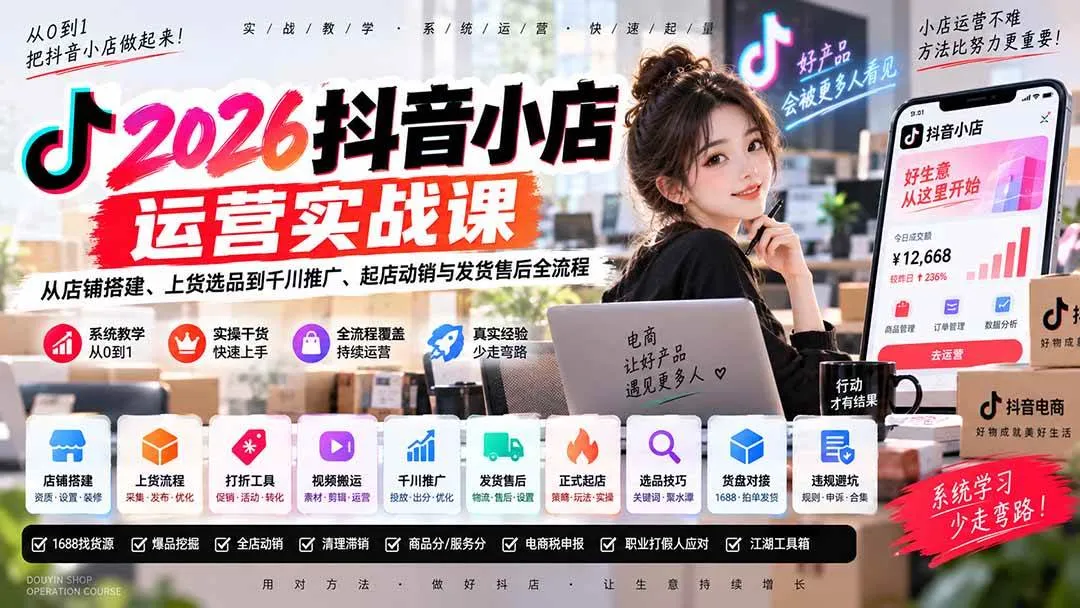 【抖音小店运营必学】2026年实战课程：店铺搭建、选品上架、千川推广、起店动销及售后发货全攻略 - 趣客盟