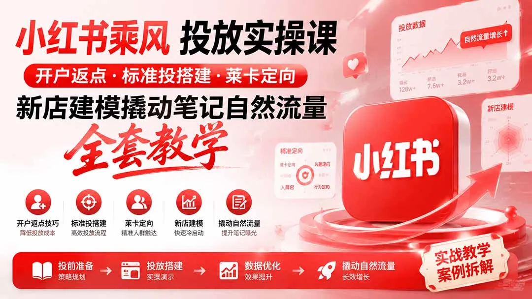 小红书投放实战100分钟：开户返利+标准投放搭建+莱卡定向+新店流量建模，笔记自然流量全攻略教学 - 趣客盟