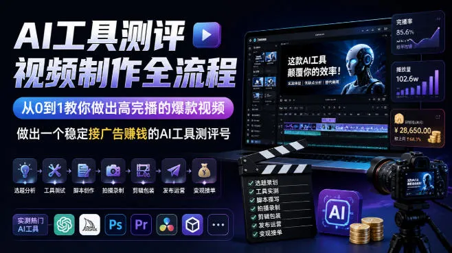 AI工具测评视频制作全流程,从0到1教你做出高完播的爆款视频,做出一个稳定接广告賺钱的AI工具测评号 AI工具测评视频制作全流程,从0到1教你做出高完播的爆款视频,做出一个稳定接广告賺钱的AI工具测评号
