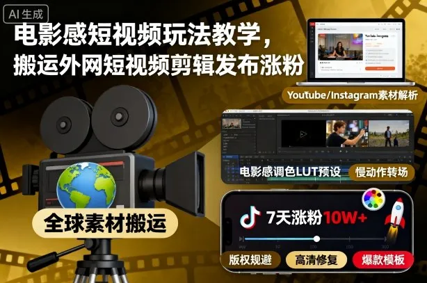 电影感短视频玩法教学,搬运外网短视频剪辑发布涨粉