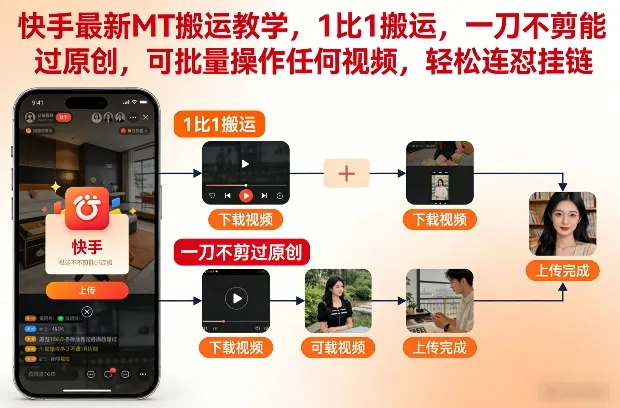 快手最新MT搬运教学，1比1搬运，一刀不剪能过原创，可批量操作任何视频，轻松连怼挂链-趣酷猫资源网