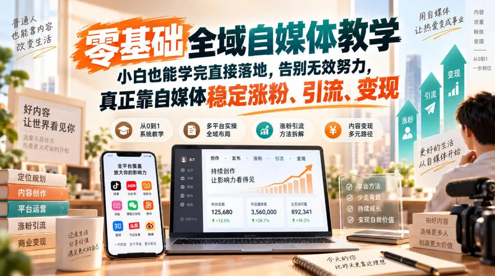 零基础全域自媒体教学,小白也能学完直接落地,告别无效努力,真正靠自媒体稳定涨粉、引流、变现 零基础全域自媒体教学,小白也能学完直接落地,告别无效努力,真正靠自媒体稳定涨粉、引流、变现