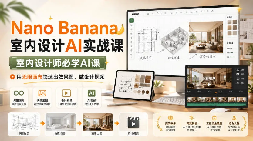 Nano Banana室内设计AI实战课,室内设计师必学AI课,用无限画布快速出效果图、做设计视频 Nano Banana室内设计AI实战课,室内设计师必学AI课,用无限画布快速出效果图、做设计视频
