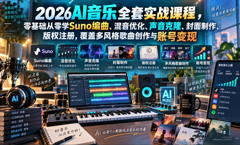 2026AI音乐实战课程,零基础从零学Suno编曲、混音优化、声音克隆、版权注册,覆盖多风格歌曲创作与账号变现
