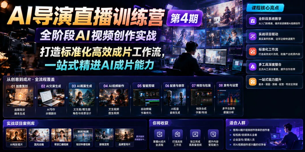 AI视频创作实战训练营第4期｜全流程AI导演直播，高效成片工作流标准化，一站式提升AI视频制作技能_趣客盟