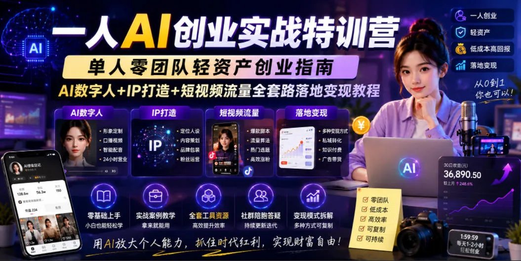 一人AI创业实战特训营,单人零团队轻资产创业指南,AI数字人+IP打造+短视频流量全套路落地变现教程_趣客盟