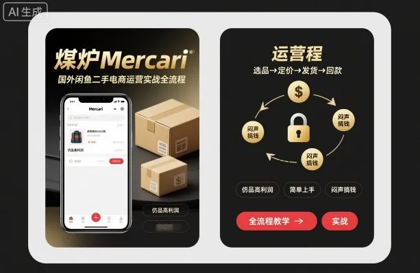 煤炉Mercari国外闲鱼二手电商运营实战全流程，仿品高利润，简单上手，闷声搞钱-趣酷猫资源网