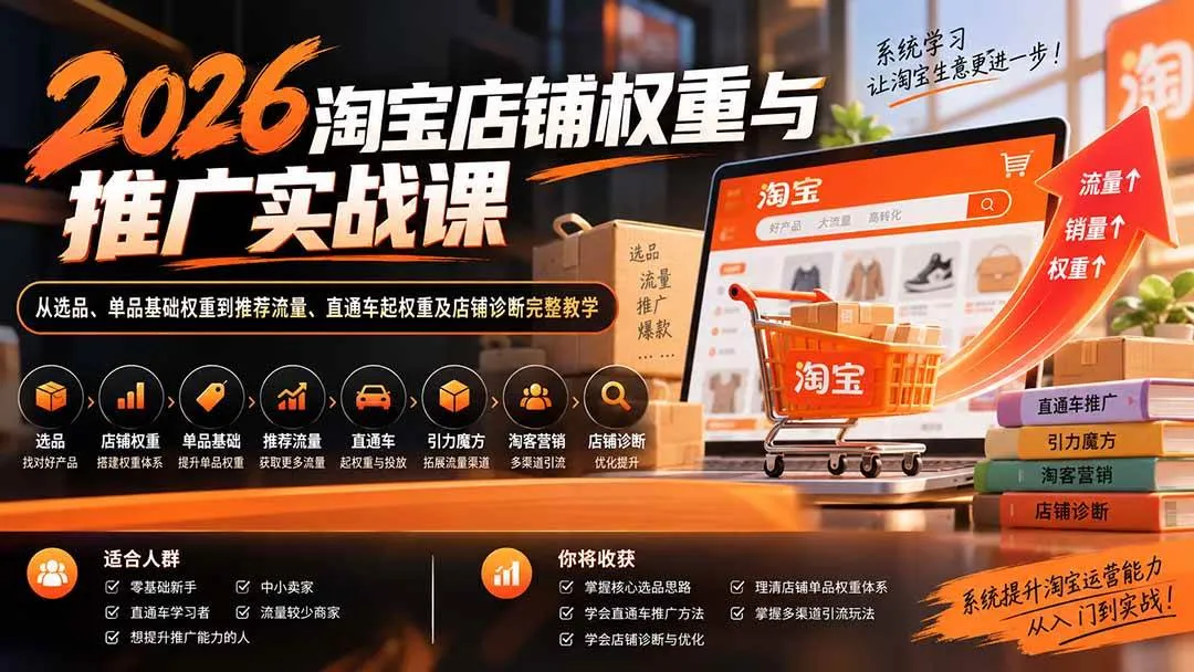 【2026淘宝店铺权重提升】实战课程：选品策略、单品权重优化、流量推荐、直通车权重操作与店铺全面诊断攻略 - 趣客盟