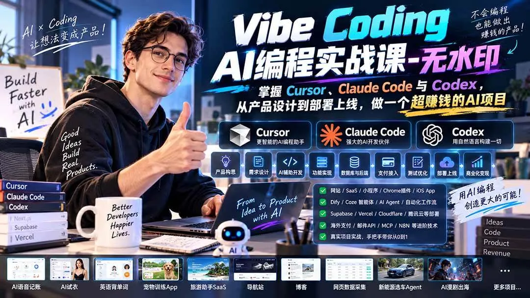 【Vibe Coding AI编程实战课】Cursor、Claude Code与Codex精通指南：从产品设计到上线，打造高收益AI项目教程 - 趣客盟
