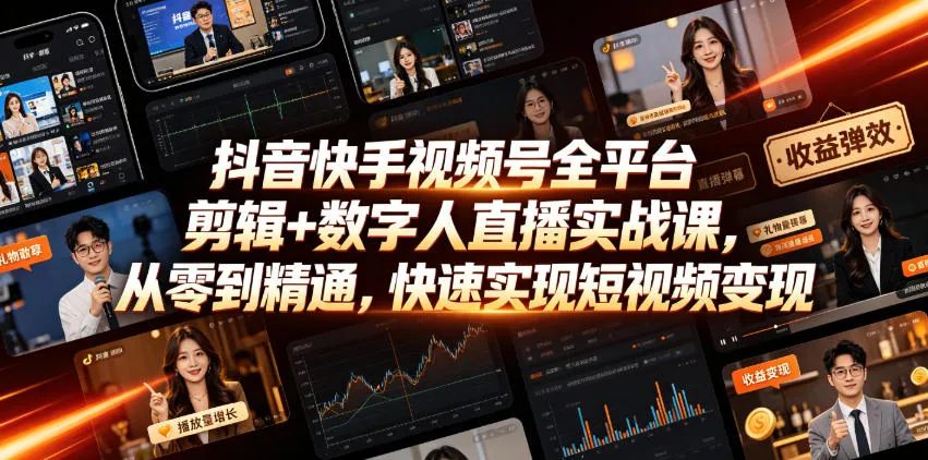 抖音快手视频号全平台视频剪辑与数字人直播实战教程：从入门到精通，短视频变现技巧（2026年6月更新版）_趣客盟