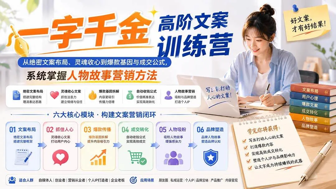 【独家】一字千金文案高阶训练营：绝密布局+灵魂文案+爆款基因+成交秘籍，全面掌握人物故事营销策略 - 趣客盟