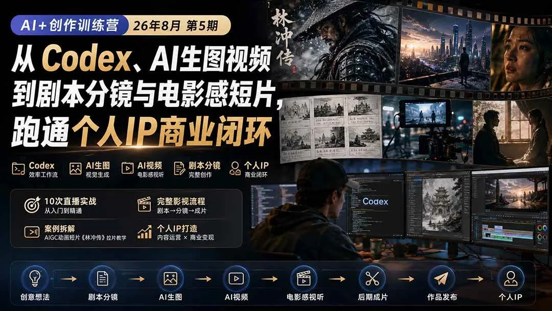 AI创作训练营第5期（26年8月）：Codex、AI生图视频、剧本分镜与电影感短片，打造个人IP商业闭环教程 - 趣客盟