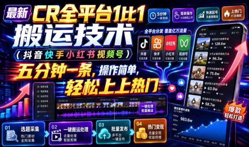 【SEO优化】抖音快手小红书视频号CR全平台1比1搬运神器，5分钟快速制作，操作简便，热门轻松上（教程+软件+参数）_趣客盟