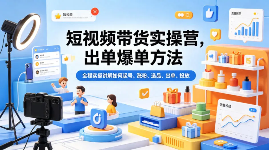 短视频带货实操营，出单爆单方法，全程实操讲解如何起号、涨粉、选品、出单、投放（更新0515）_趣客盟