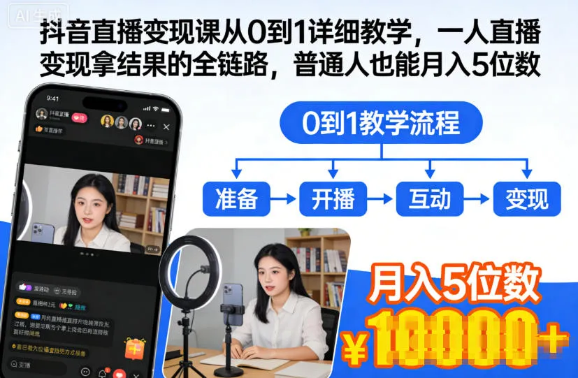 抖音直播变现课从0到1详细教学，一人直播变现拿结果的全链路，普通人也能月入5位数-趣酷猫资源网