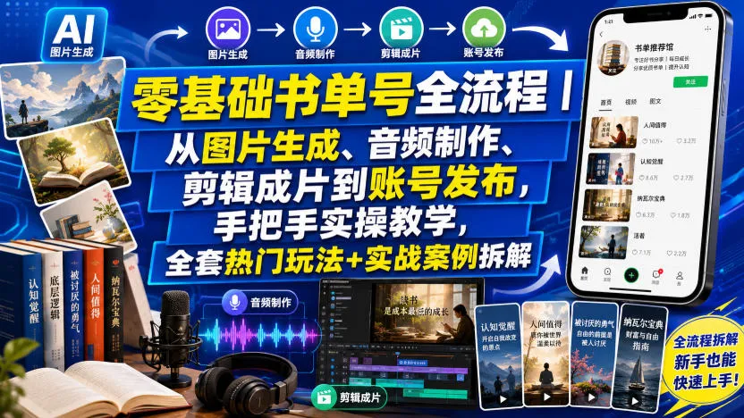 零基础书单号全攻略：图片生成+音频制作+视频剪辑教程，账号发布实战，热门玩法+案例解析教学_趣客盟