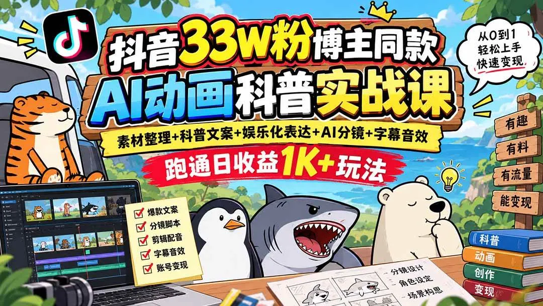 (20510期)抖音33W粉博主同款AI动画科普实战课|素材整理+科普文案+娱乐化表达+AI分镜+字幕音效,跑通日收益1K+玩法 (20510期)抖音33W粉博主同款AI动画科普实战课|素材整理+科普文案+娱乐化表达+AI分镜+字幕音效,跑通日收益1K+玩法