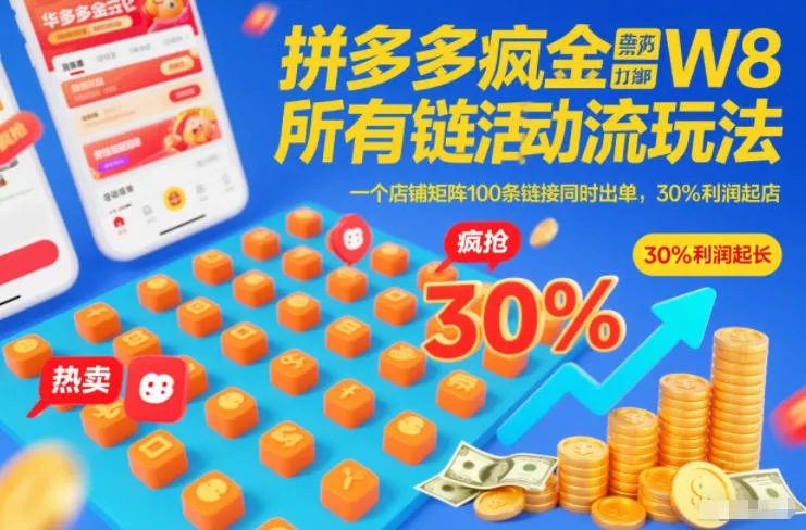 拼多多疯狂活动流玩法，所有链接全部打标，一个店铺矩阵100条链接同时出单，30%利润起店-趣酷猫资源网