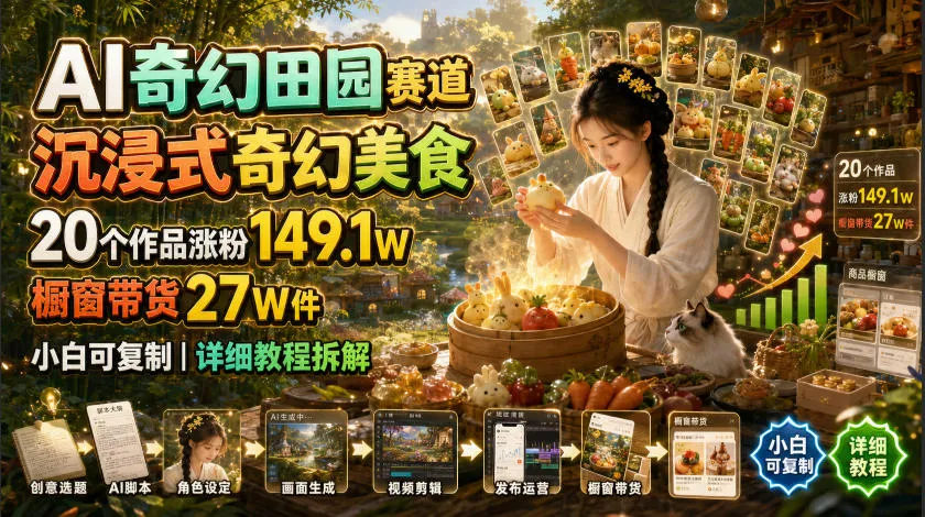 AI赋能奇幻田园赛道,打造沉浸式美食奇幻之旅——20作品吸粉149.1W,橱窗带货27W件,新手轻松上手,实战教程全解析_趣客盟