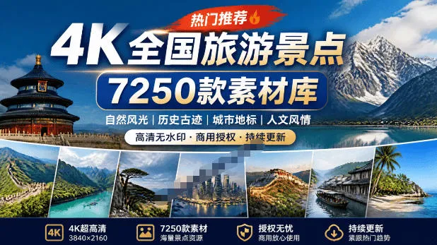 全国热门景点4K高清素材库：7250款旅行航拍短视频，达人城市风光精选_趣客盟