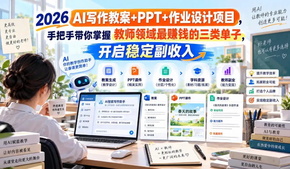 2026 AI写作教案+PPT+作业设计项目,手把手带你掌握教师领域最賺钱的三类单子,开启稳定副收入 2026 AI写作教案+PPT+作业设计项目,手把手带你掌握教师领域最賺钱的三类单子,开启稳定副收入