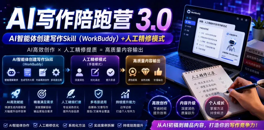 AI写作陪跑营3.0,Ai智能体创建写作skill(workbuddy)+人工手写模式(手搓模式),去除AI痕迹(头条号、公众号、百家号)(更新0806) AI写作陪跑营3.0,Ai智能体创建写作skill(workbuddy)+人工手写模式(手搓模式),去除AI痕迹(头条号、公众号、百家号)(更新0806)