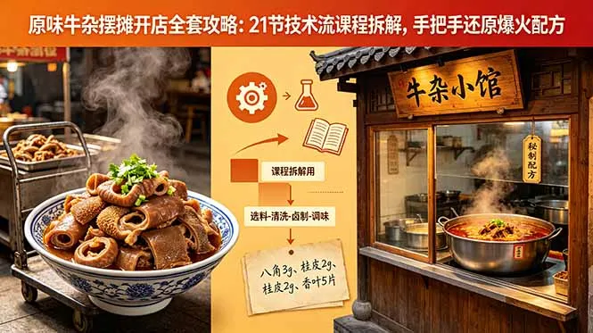 原味牛杂摆摊开店全套攻略：21节技术流课程拆解，手把手还原爆火配方_趣客盟