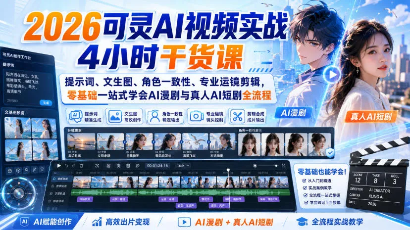 2026可灵AI视频创作实战课：全面掌握AI漫剧/真人短剧制作，涵盖提示词、文生图、角色统一、专业剪辑，零基础入门教程 - 趣客盟