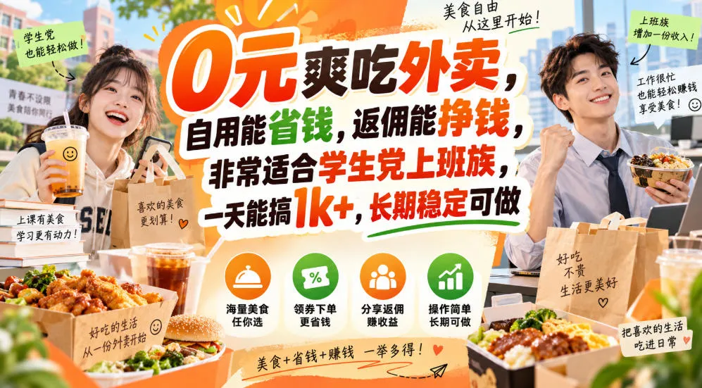 0元爽吃外卖,自用能省钱,返佣能挣钱,非常适合学生党上班族,一天能搞1k+,长期稳定可做 0元爽吃外卖,自用能省钱,返佣能挣钱,非常适合学生党上班族,一天能搞1k+,长期稳定可做
