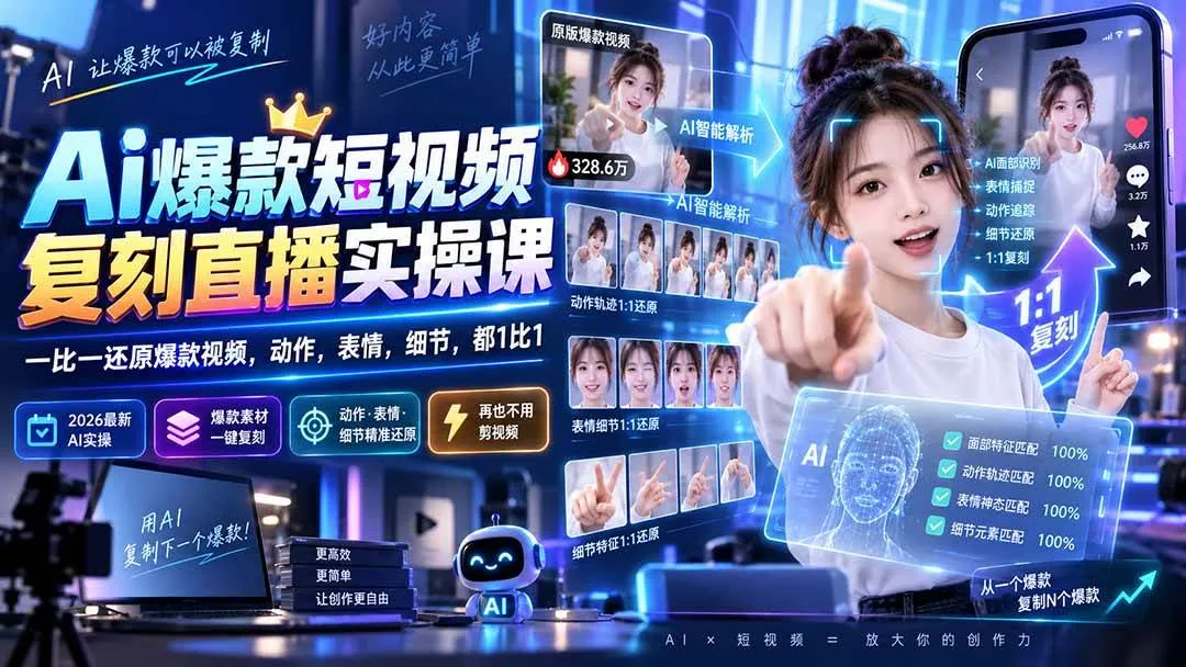 【SEO优化】20304期AI爆款短视频复刻直播技巧课：1比1还原爆款视频、动作、表情、细节 - 趣客盟