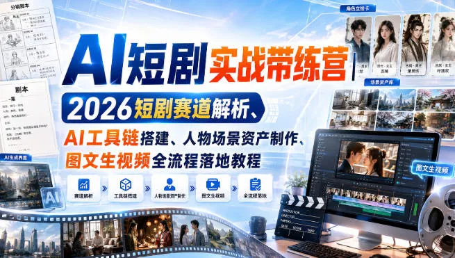 AI短剧制作实战营2026:短剧赛道深度解析 + AI工具链构建 + 场景人物资产打造 + 图文转视频全流程实操教程 - 趣客盟