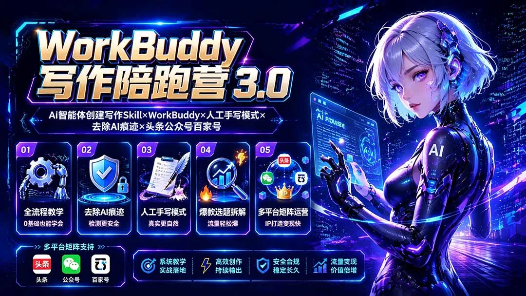 WorkBuddy写作陪跑营3.0升级：AI智能助写+人工润色+AI痕迹清除+头条/公众号/百家号全平台适用_趣客盟