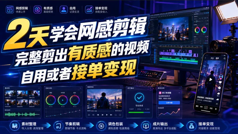 快速掌握网感剪辑技巧，2天打造高品质视频，自用接单轻松变现_趣客盟