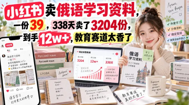 俄语学习资料热销小红书，39元/份，338天售出3204份，收益超12万，教育市场商机无限！ - 趣客盟