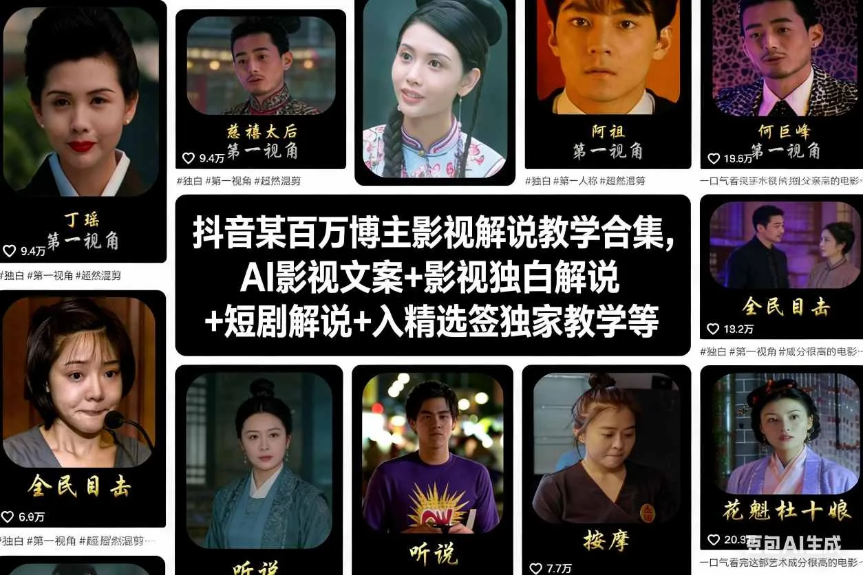 抖音某百万博主影视解说教学合集，AI影视文案+影视独白解说+短剧解说+入精选签独家教学等-趣酷猫资源网