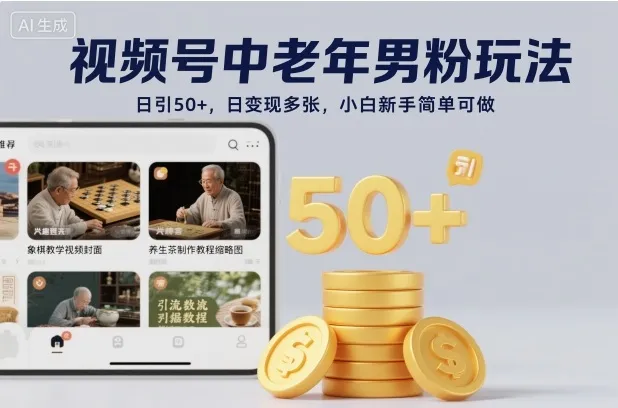 视频号中老年男粉玩法，日引50+，日变现多张，小白新手简单可做-趣酷猫资源网
