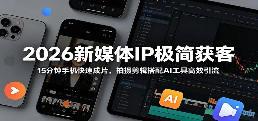 2026新媒体IP极简获客：15分钟手机快速成片，拍摄剪辑搭配AI工具高效引流_趣客盟