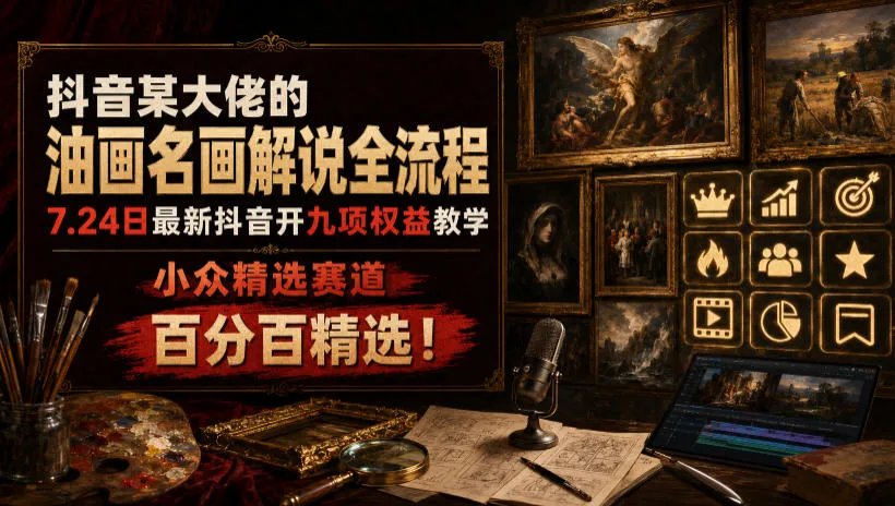 抖音某大佬的油画名画解说全流程，7.24日最新抖音开九项权益教学，小众精选赛道，百分百精选！_趣客盟