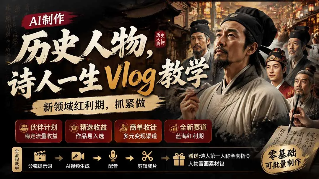 历史名人Vlog教学制作AI赋能,伙伴计划收益精选,商单收徒新领域红利速抓 - 趣客盟