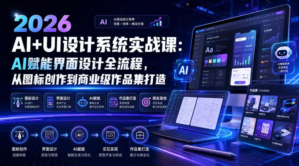 2026 AI+UI设计系统实战课:AI赋能界面设计全流程,从图标创作到商业级作品集打造