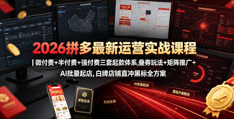 2026拼多多运营实战课程大全:三合一起款策略(微/半/强付费)+叠券矩阵推广+AI智能起店,白牌店铺升级黑标全攻略_趣客盟