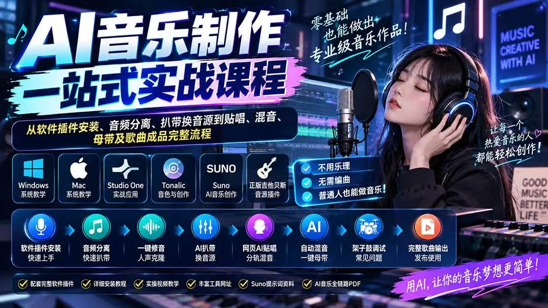 (20490期)AI音乐制作一站式实战课程:从软件插件安装、音频分离、扒带换音源到贴唱、混音、母带及歌曲成品完整流程 (20490期)AI音乐制作一站式实战课程:从软件插件安装、音频分离、扒带换音源到贴唱、混音、母带及歌曲成品完整流程