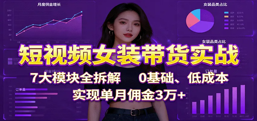 短视频女装带货实战：7大模块全拆解，0基础、低成本，实现单月佣金3万+-趣酷猫资源网